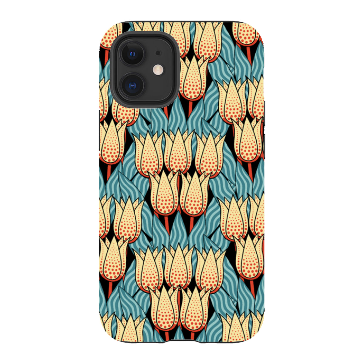 iPhone tough case featuring a Cressida Bell spotty tulip floral pattern in yellow, red, and blue on a black background.