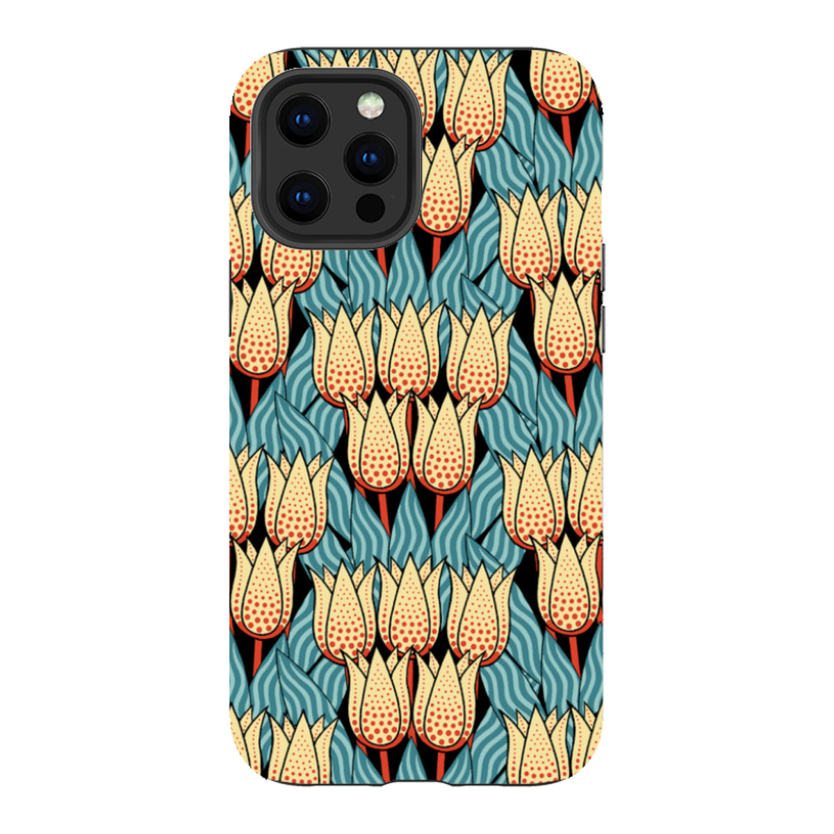 iPhone tough case featuring a Cressida Bell spotty tulip pattern in cream, red, and blue on a black background.