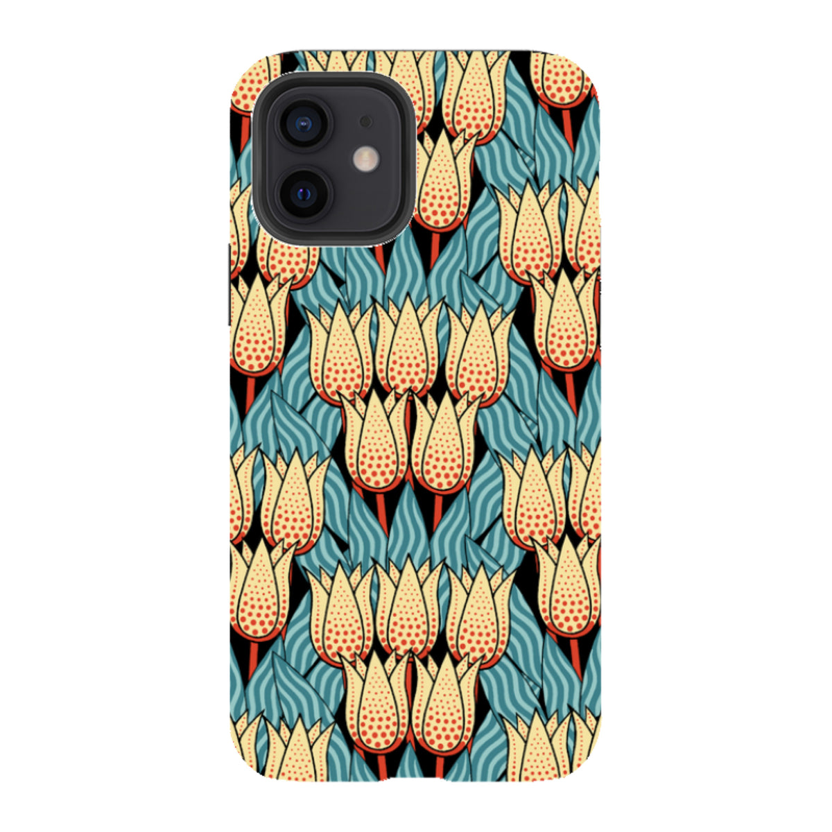 iPhone tough case featuring a yellow and red spotted tulip floral pattern with blue leaves on a black background.
