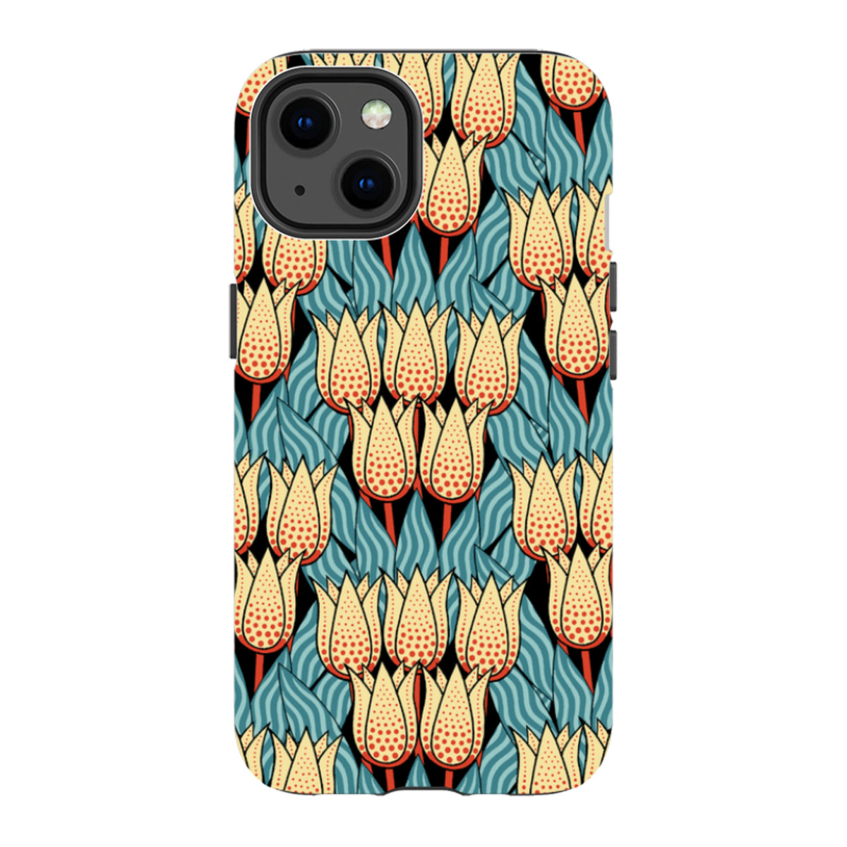 iPhone tough case with a yellow and red spotty tulip floral pattern on a teal leaf background.