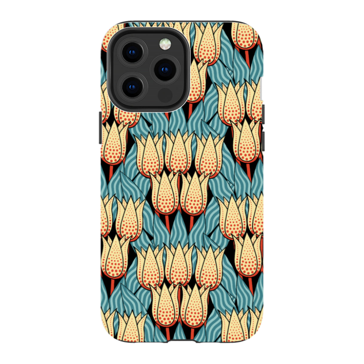 iPhone tough case featuring a yellow and red spotted tulip pattern with blue leaves on a black background.