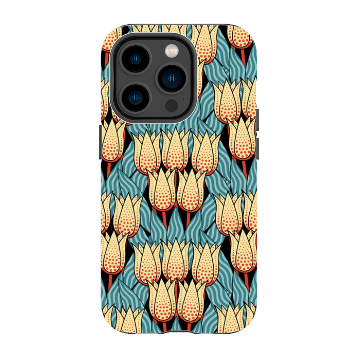 iPhone tough case featuring a Cressida Bell spotty tulip pattern in yellow, red, and blue on a black background.