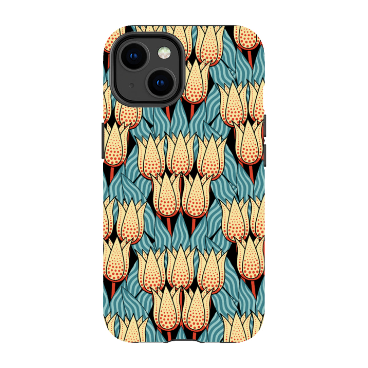 iPhone Tough Case featuring a yellow and red spotty tulip pattern with blue leaves on a black background.