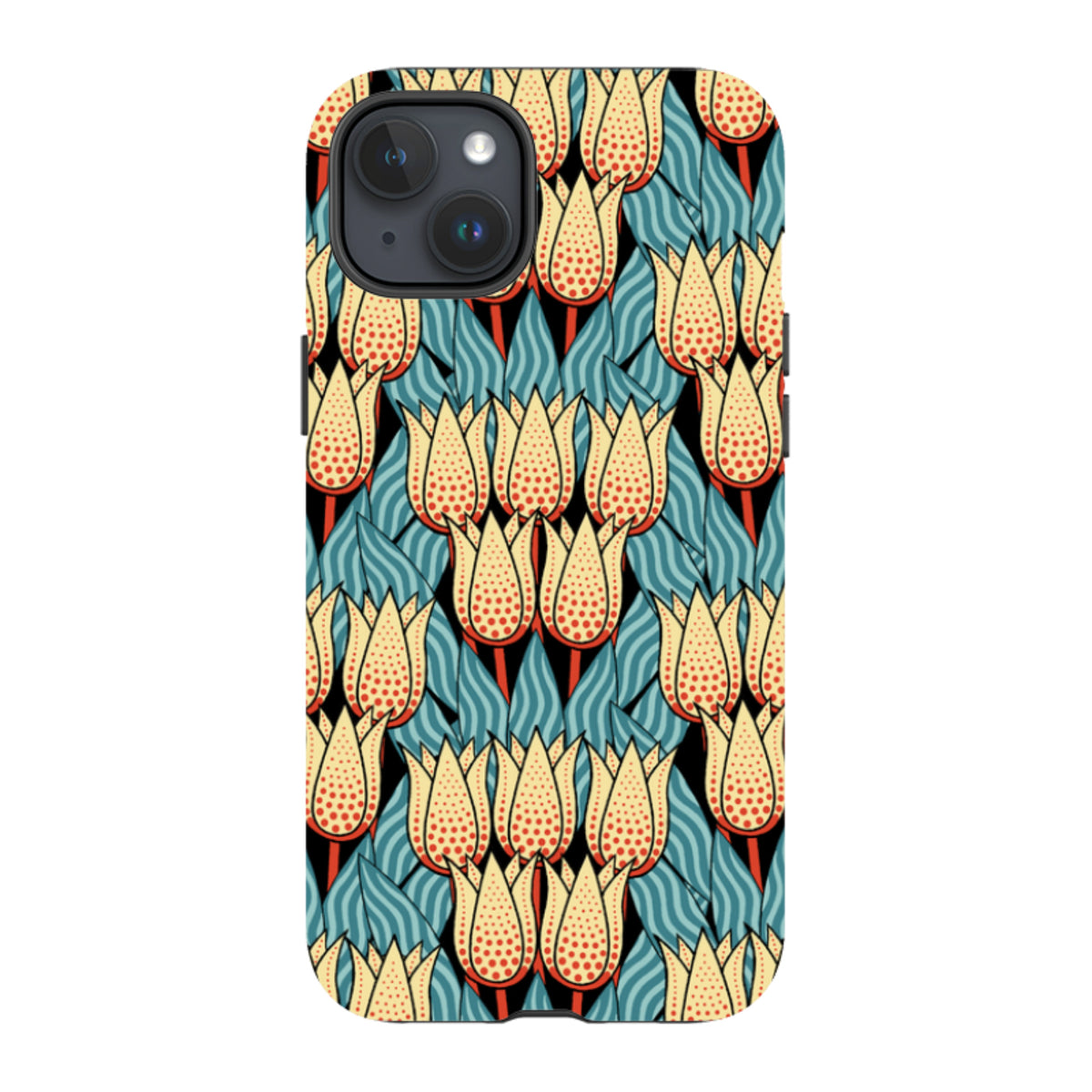 iPhone tough case featuring a Cressida Bell spotty tulip pattern in yellow, red, and blue on a durable dual-layer shell.