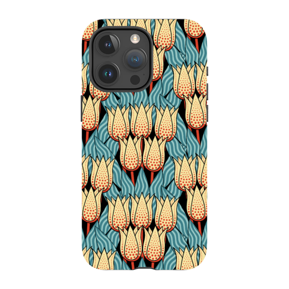 iPhone tough case featuring a Cressida Bell spotty tulip pattern in yellow, red, and blue on a black background.