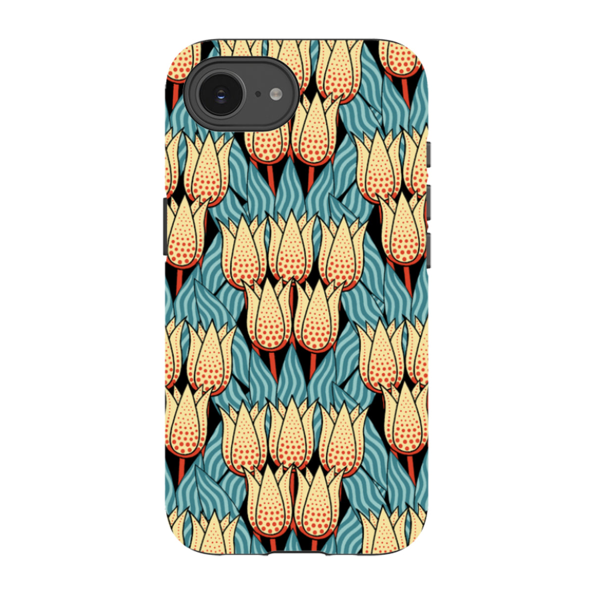 iPhone tough case featuring a Cressida Bell spotty tulip pattern in yellow, red, and blue on a durable dual-layer shell.