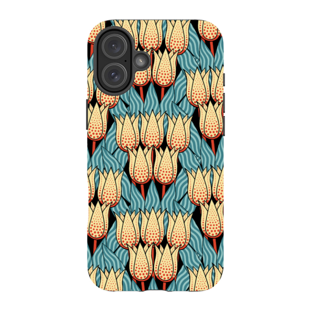 iPhone tough case featuring a Cressida Bell spotty tulip pattern in cream, red, and blue on a durable dual-layer shell.
