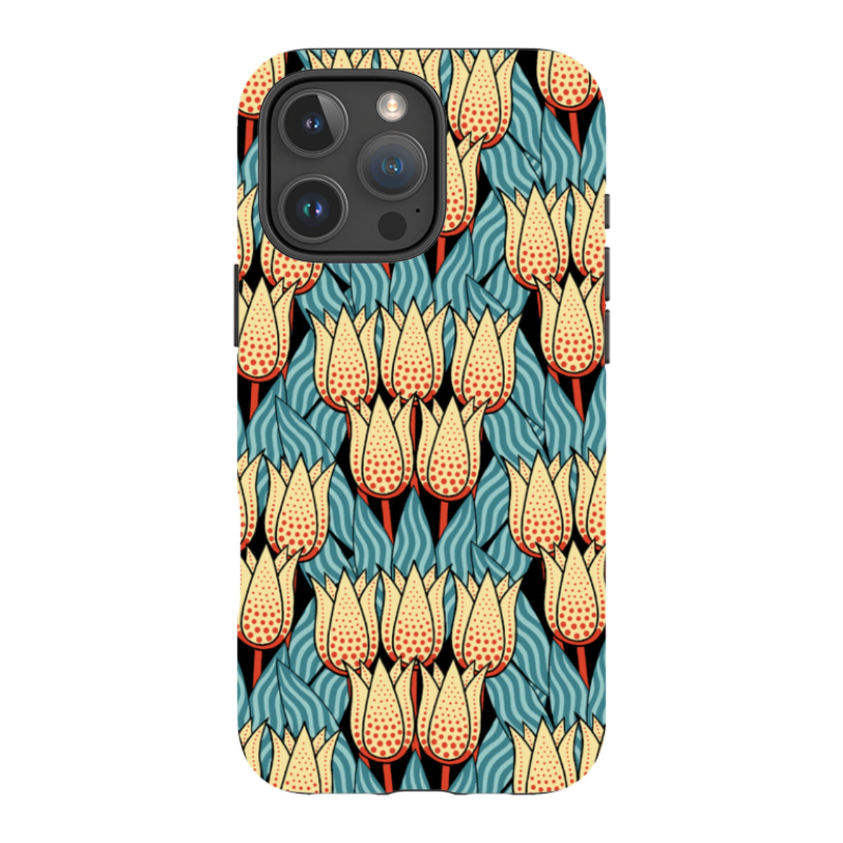 iPhone tough case featuring a yellow and red spotty tulip pattern on a teal and black background.