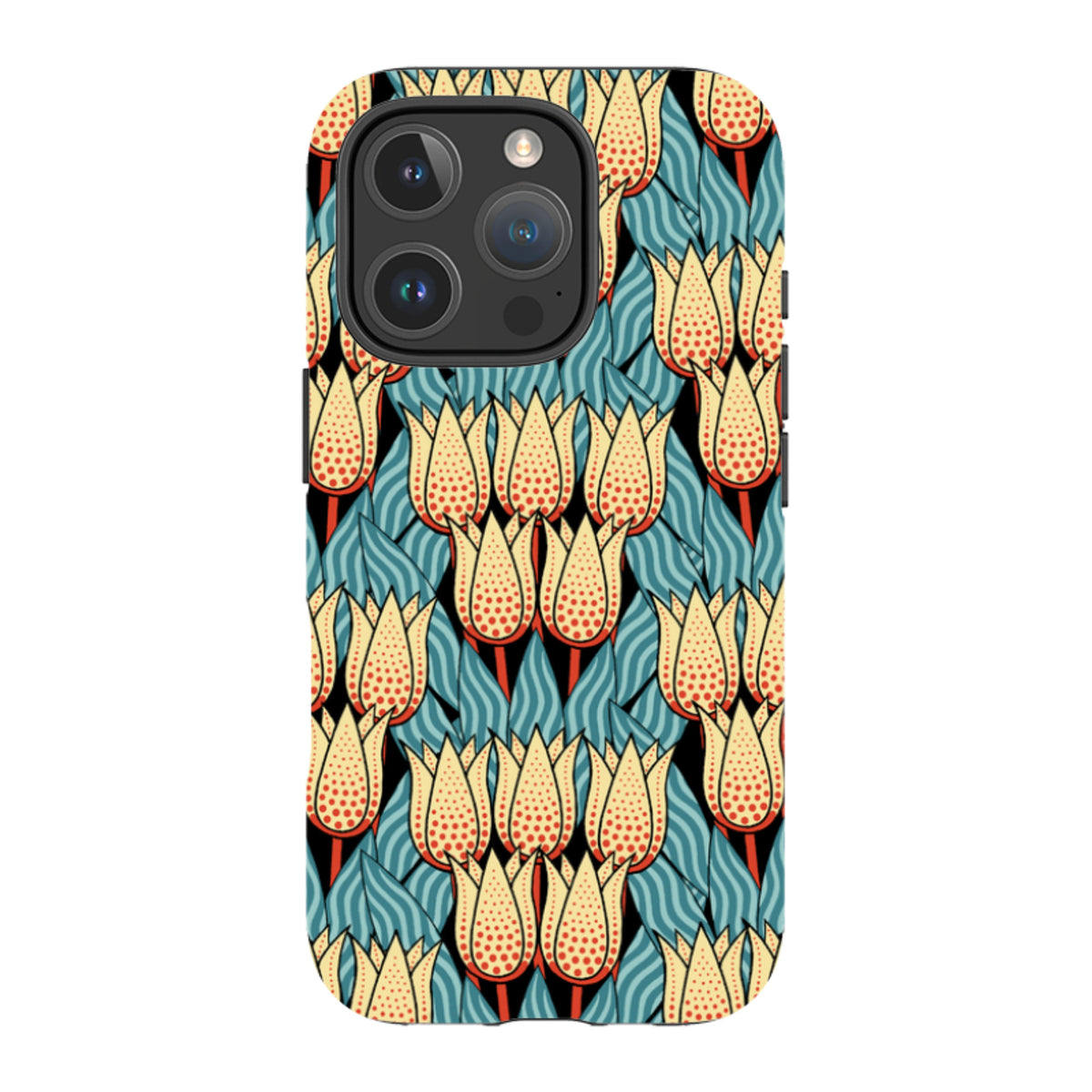 iPhone tough case featuring a Cressida Bell spotty tulip pattern in yellow, red, and blue on a black background.