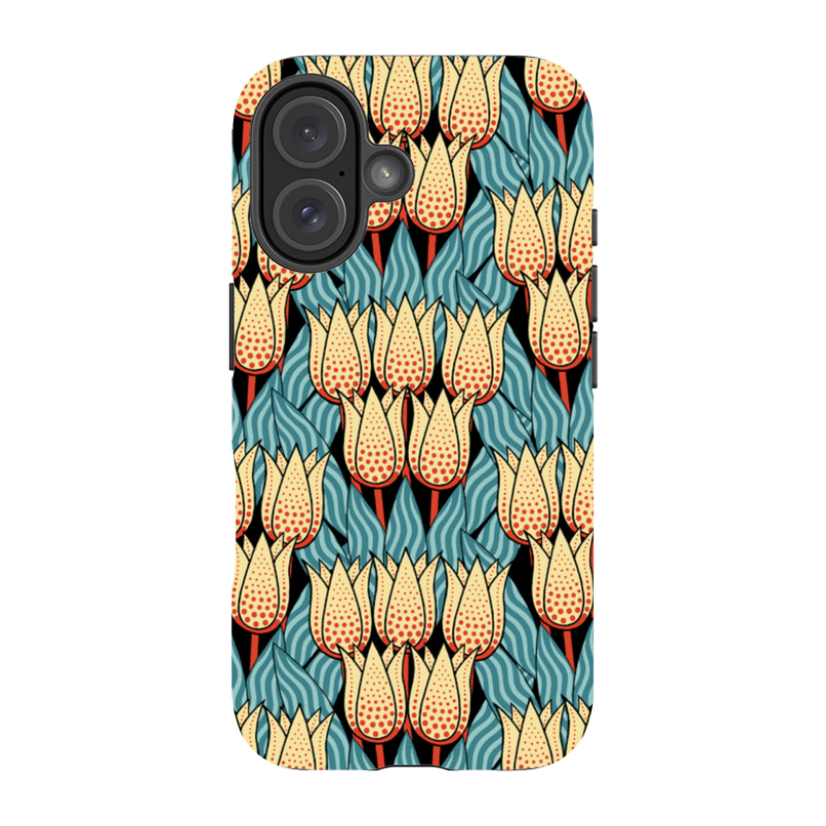 iPhone tough case featuring a yellow and red spotty tulip pattern on a blue leaf background with dual-layer protection.