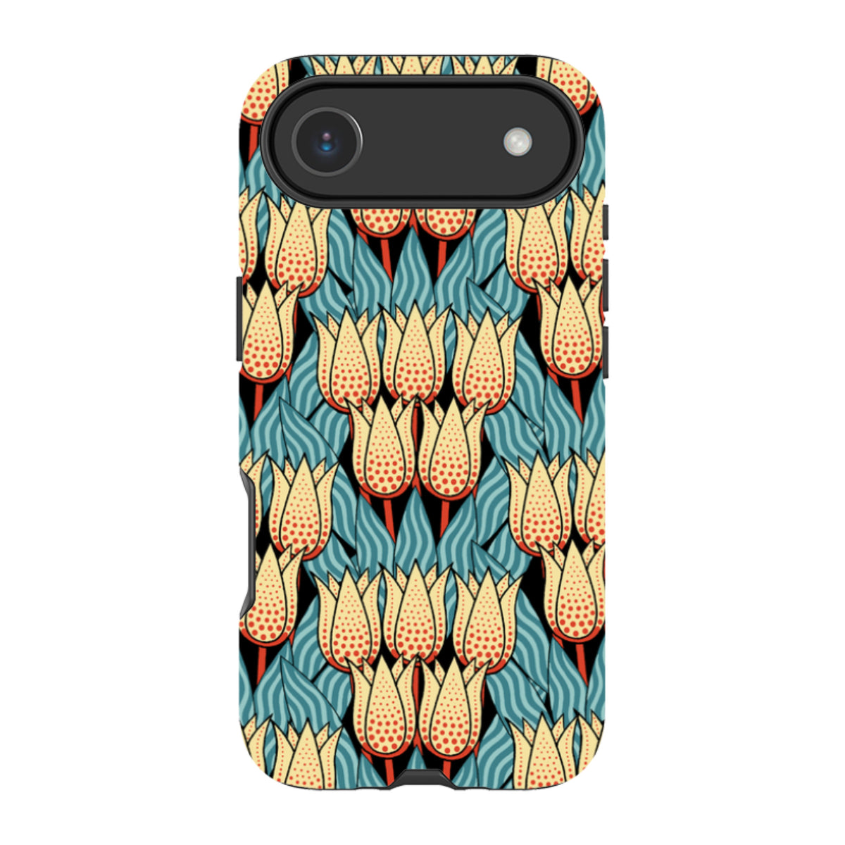 iPhone tough case featuring a Cressida Bell spotty tulip floral pattern in yellow, red, and blue on a black background.