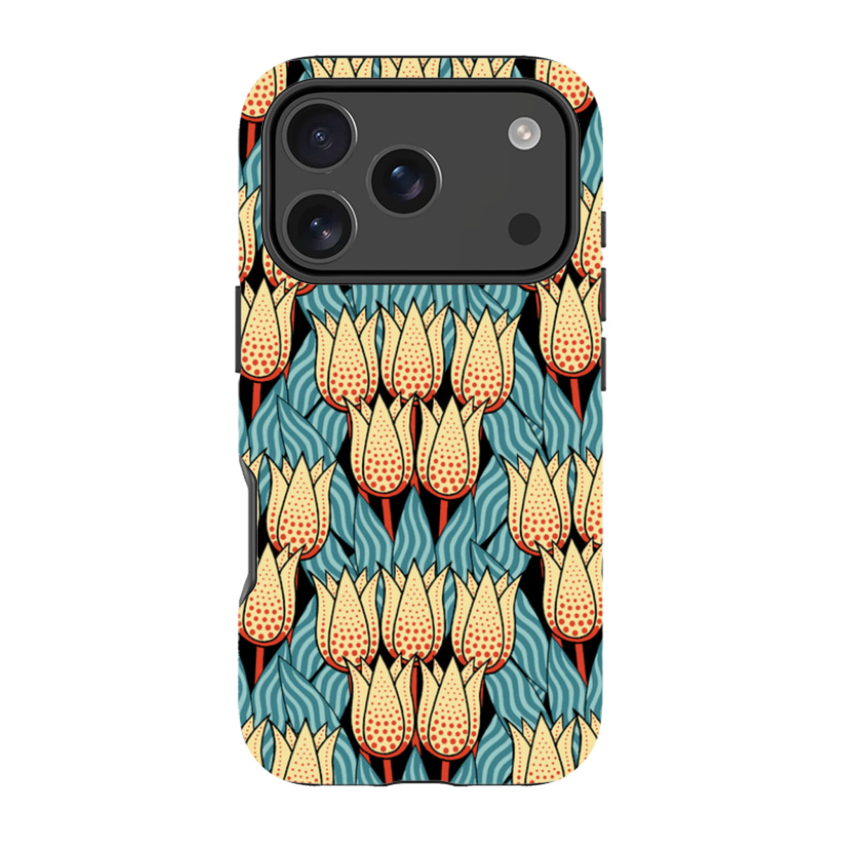 iPhone tough case featuring a Cressida Bell spotty tulip floral pattern in yellow, red, and blue on a black background.