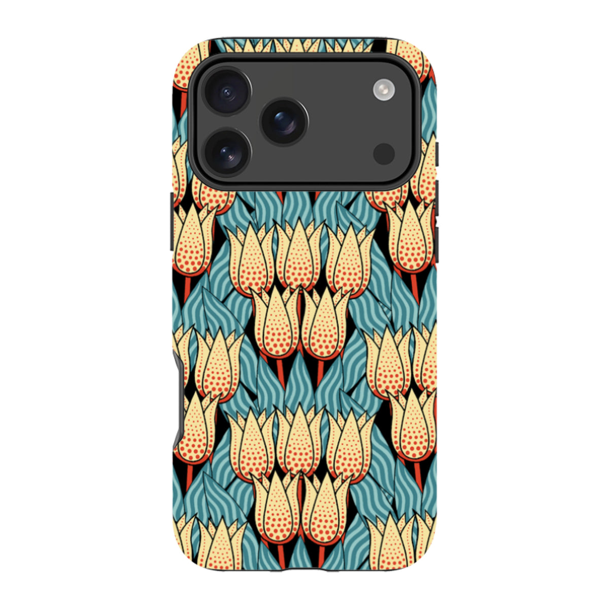 iPhone tough case featuring a yellow and red spotty tulip floral pattern on a black background with blue leaves.