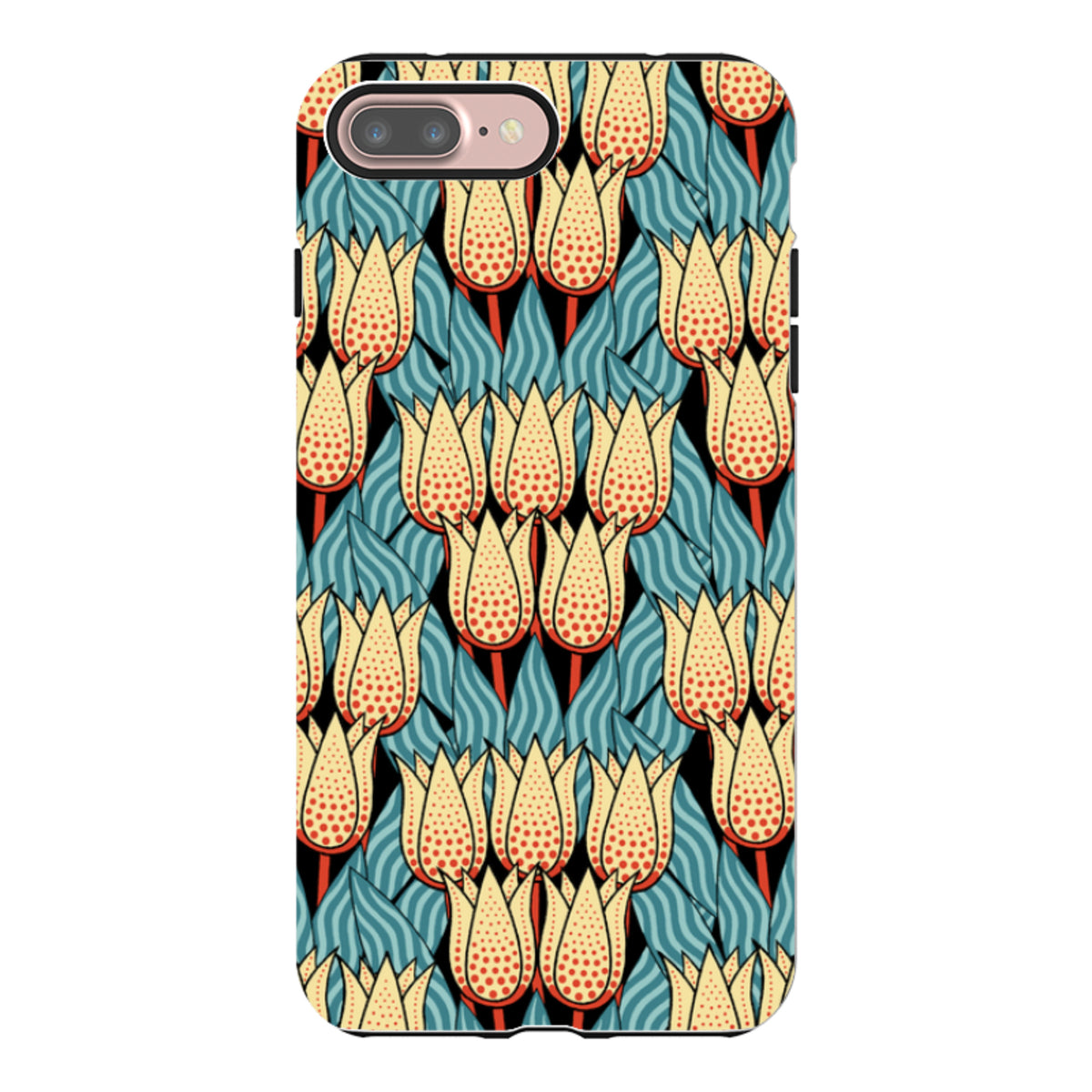 iPhone tough case featuring a Cressida Bell spotty tulip floral pattern in yellow, red, and blue on a black background.
