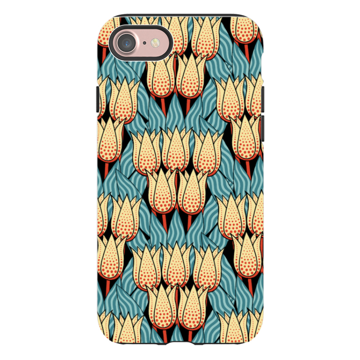 iPhone tough case featuring a yellow and red spotty tulip floral pattern on a black background with blue striped leaves.