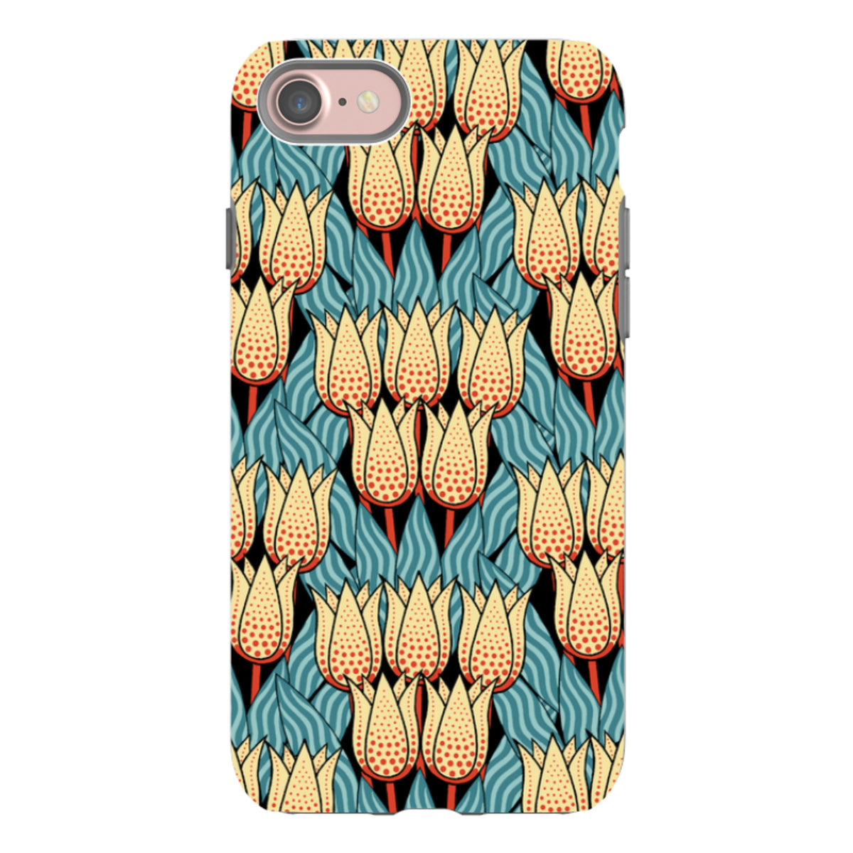 iPhone tough case featuring a yellow and red spotty tulip floral pattern on a black background with blue striped leaves.