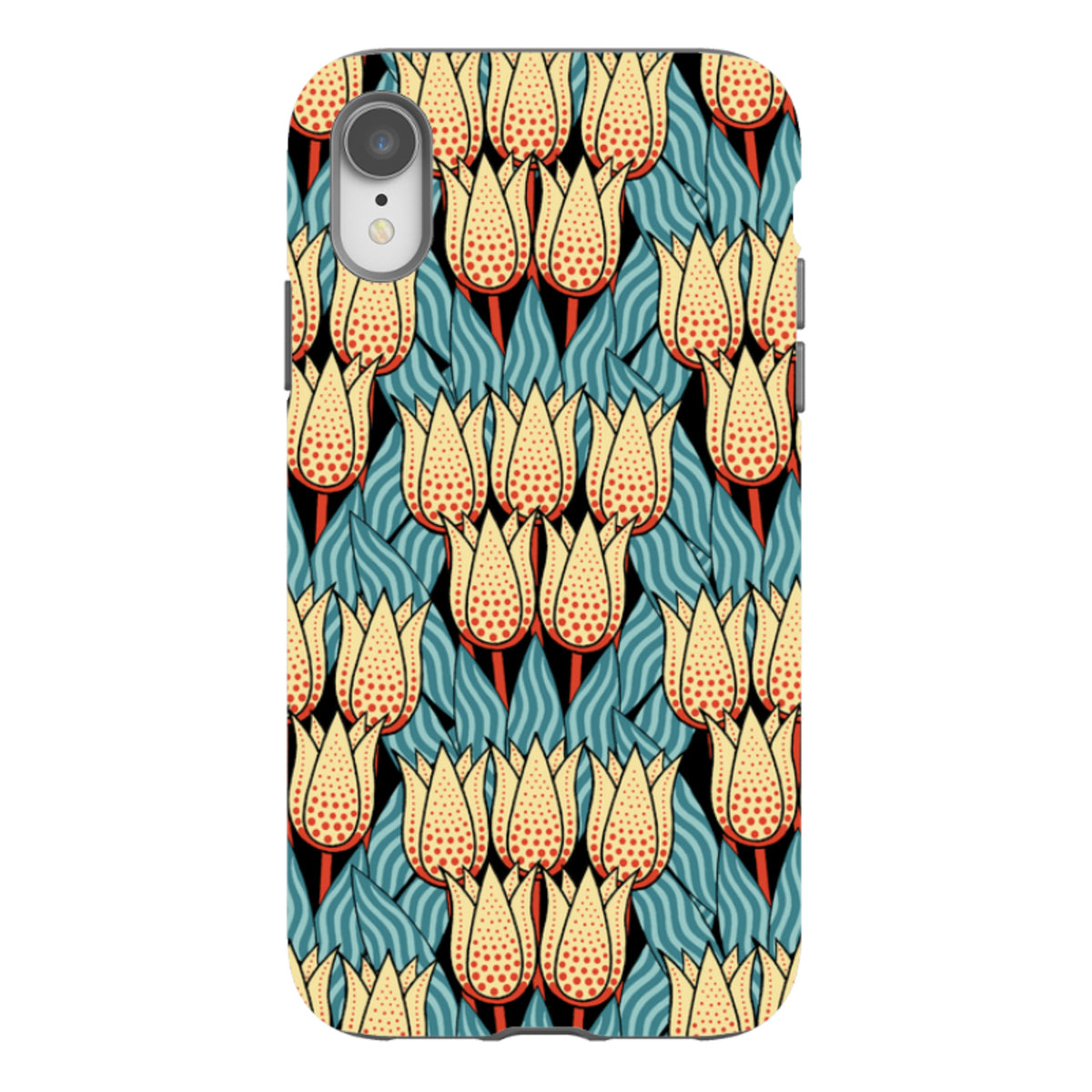 iPhone tough case featuring a vibrant yellow and red spotty tulip pattern on a black background with blue foliage.