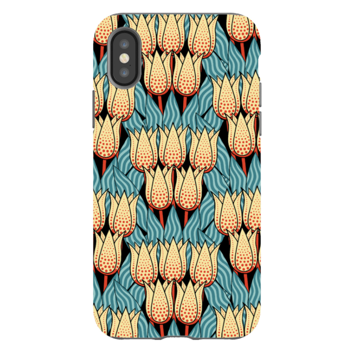 iPhone tough case featuring a Cressida Bell spotty tulip pattern with yellow, red, and blue floral motifs on black.