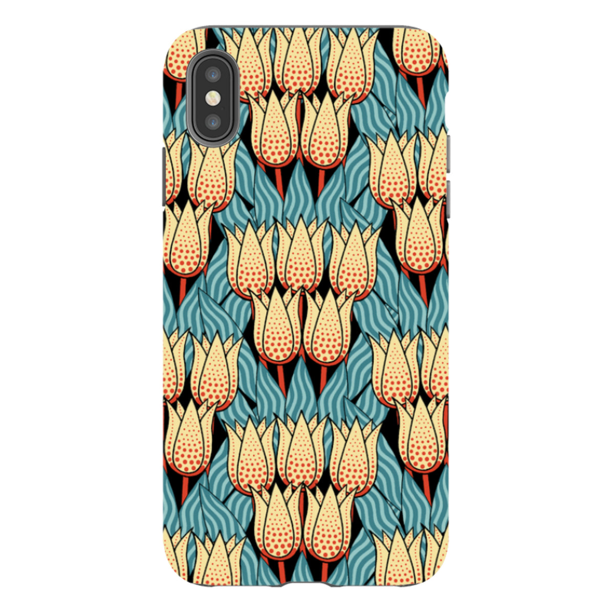 iPhone tough case featuring a Cressida Bell spotty tulip pattern with yellow, red, and blue floral motifs on black.