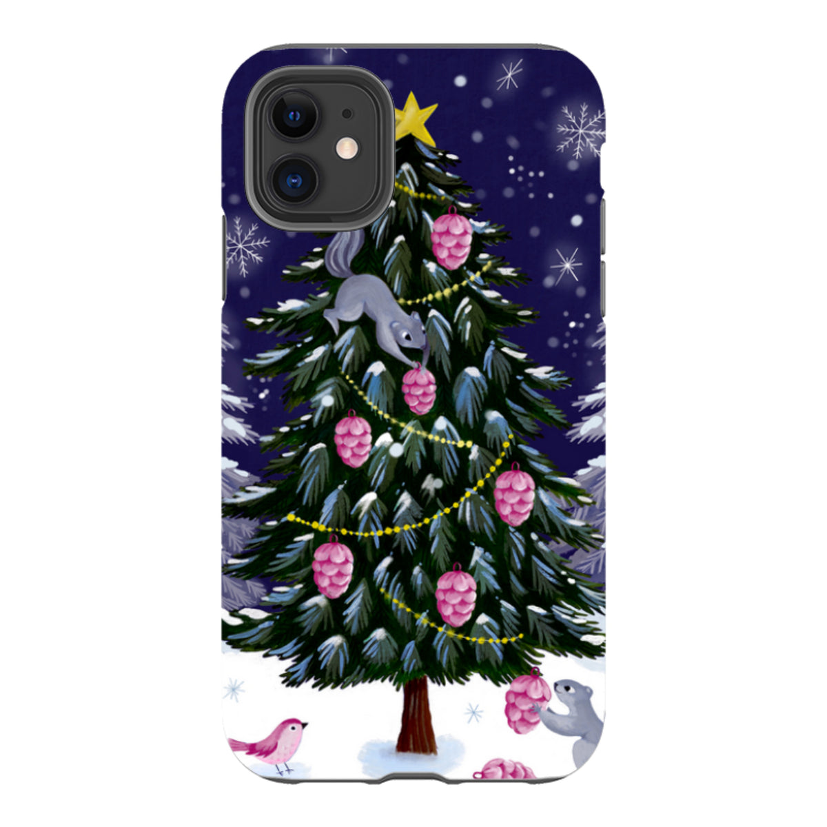 Dual-layer iPhone tough case featuring a festive squirrel and Christmas tree illustration on a dark blue snowy background.