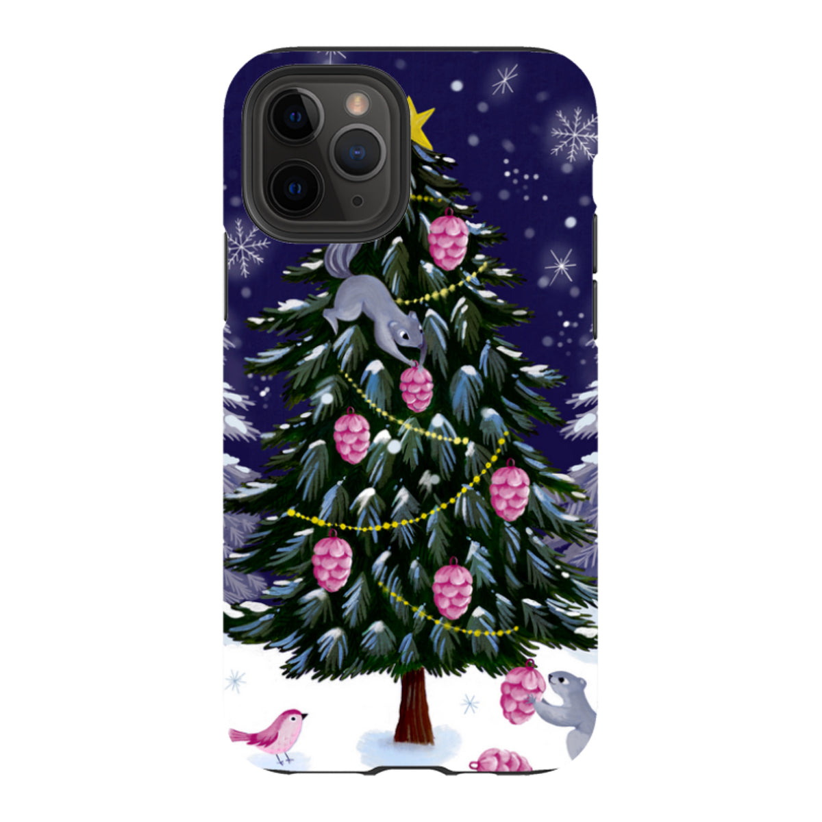 iPhone tough case featuring a festive Christmas tree, squirrels, and pink ornaments against a snowy dark blue background.