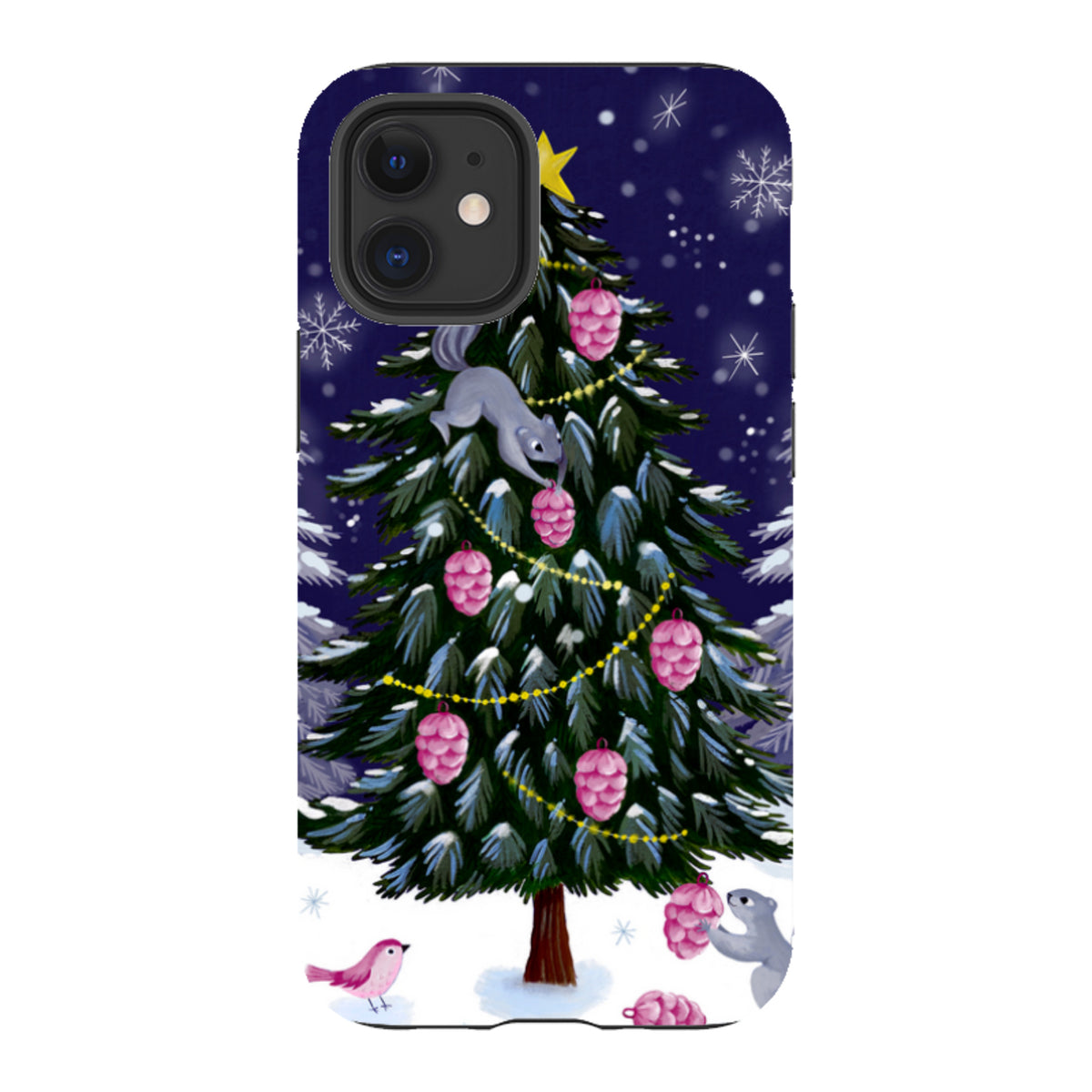 Dual-layer iPhone case featuring a festive squirrel and Christmas tree illustration on a snowy dark blue background.