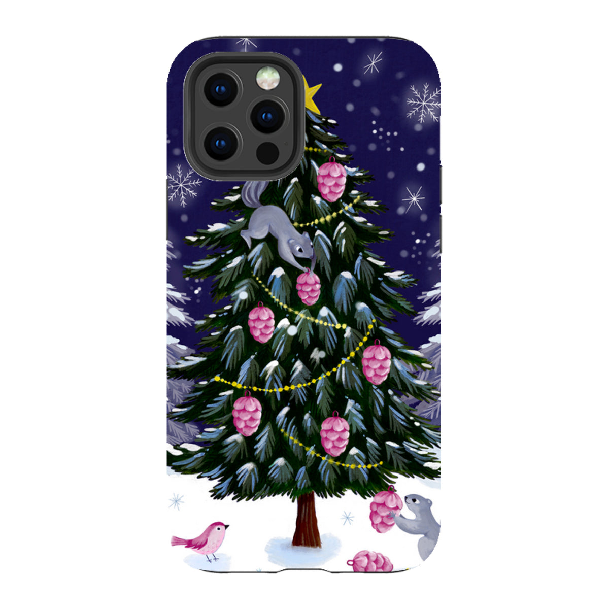 iPhone tough case featuring a festive squirrel and Christmas tree illustration on a dark blue snowy background.