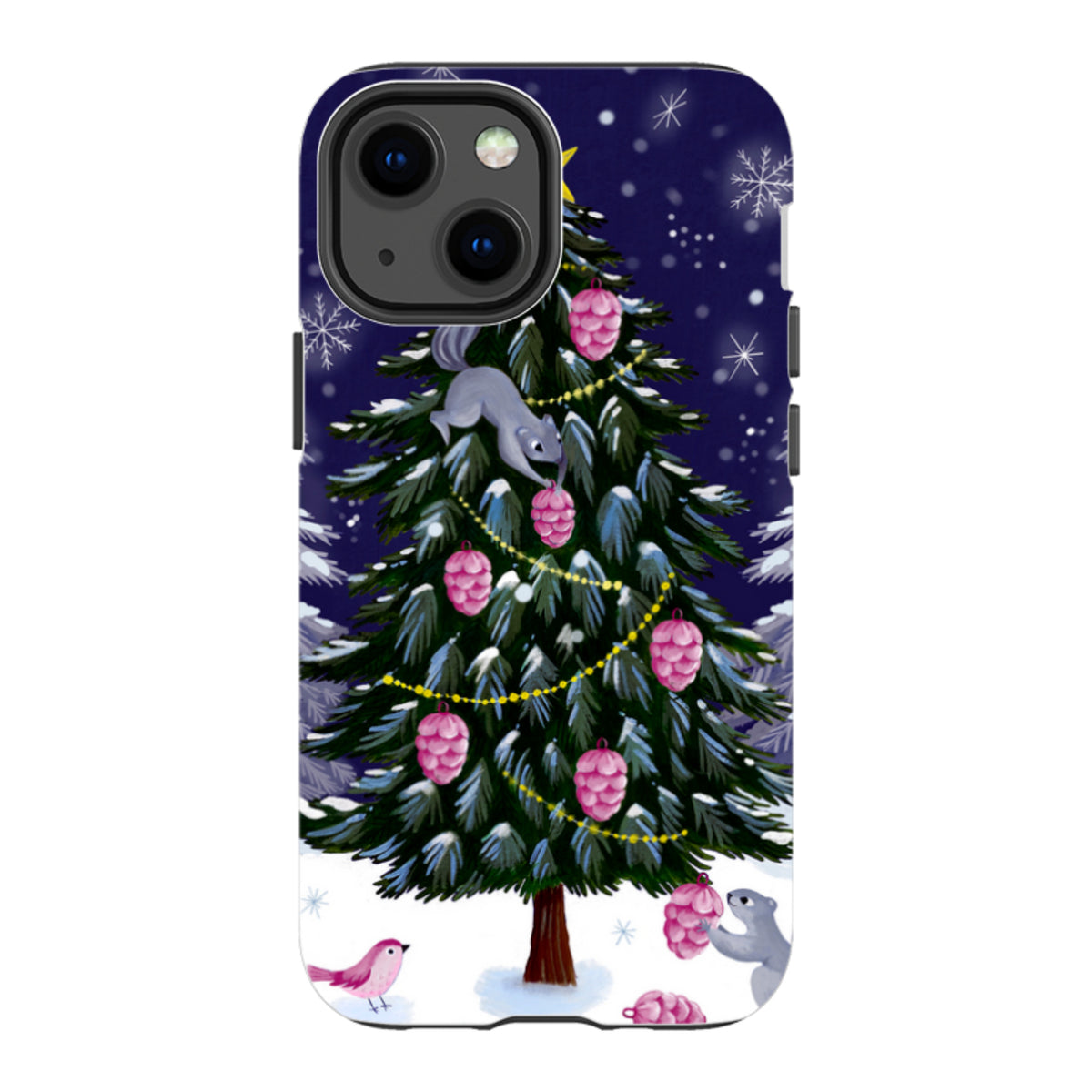 Dual-layer iPhone tough case featuring a festive squirrel and Christmas tree illustration on a dark blue snowy background.