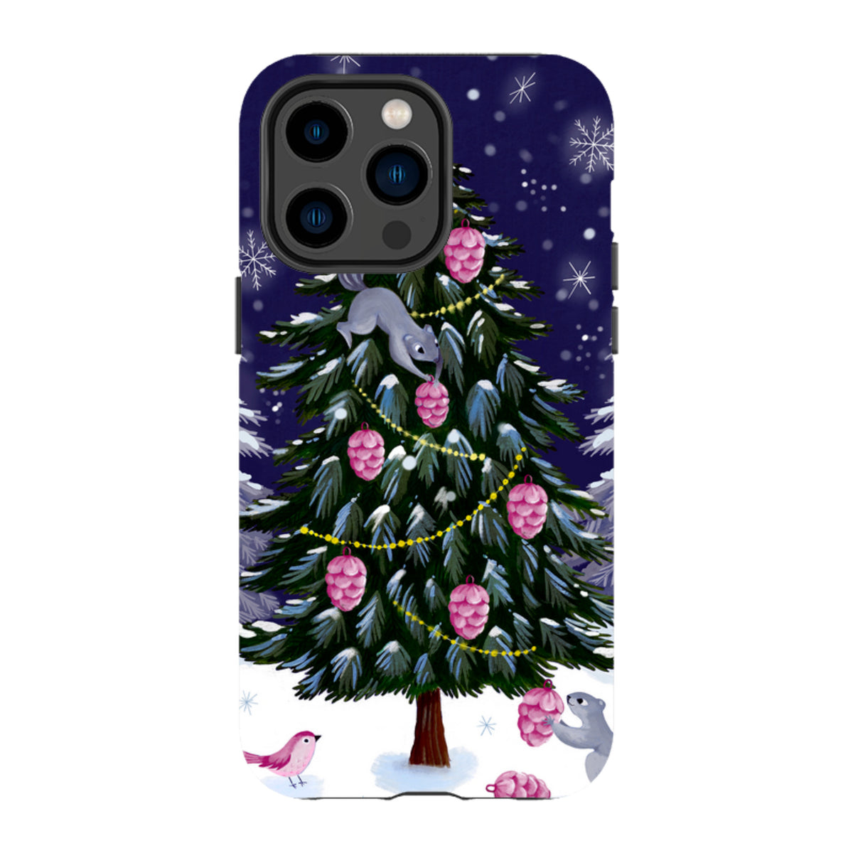 Dual-layer iPhone case featuring a snowy Christmas tree, squirrels, and pink ornaments on a dark blue winter background.