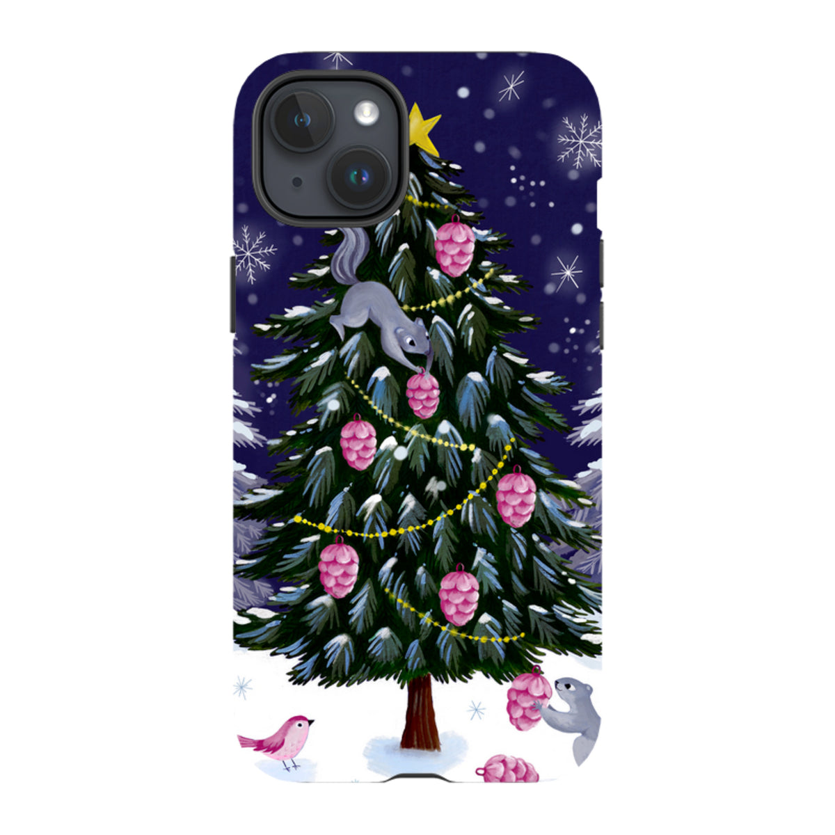 Dual-layer iPhone case featuring a festive squirrel and Christmas tree illustration on a dark blue snowy background.