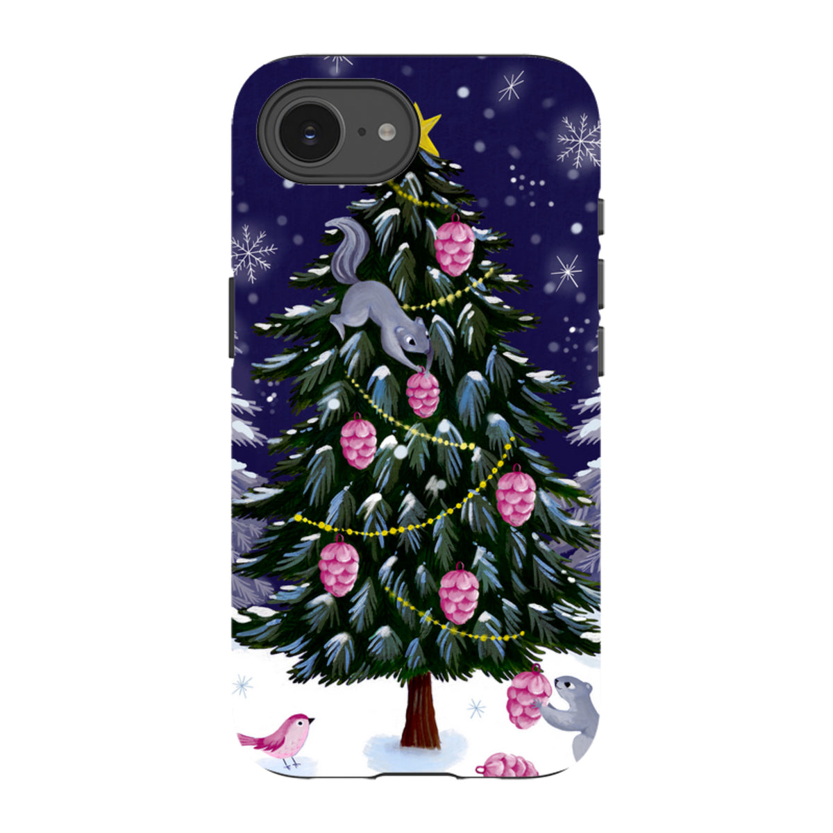 iPhone tough case featuring a festive squirrel and Christmas tree illustration on a dark blue snowy background.