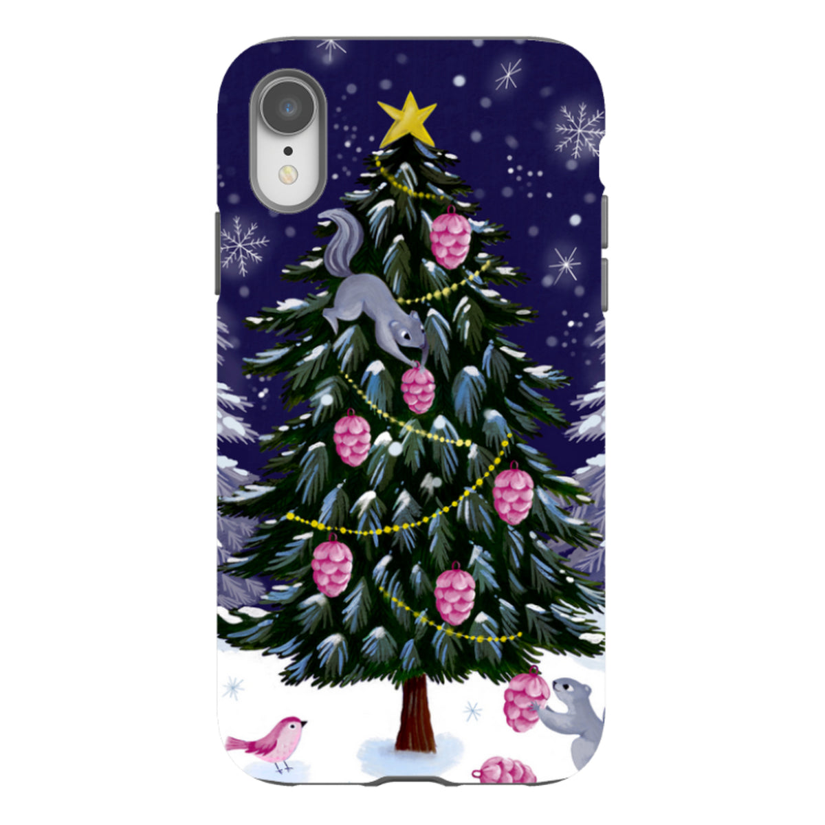 Dual-layer iPhone tough case featuring a festive squirrel and Christmas tree illustration on a dark blue snowy background.