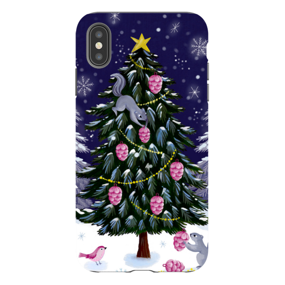 Dual-layer iPhone tough case featuring a festive squirrel and Christmas tree illustration on a dark blue snowy background.