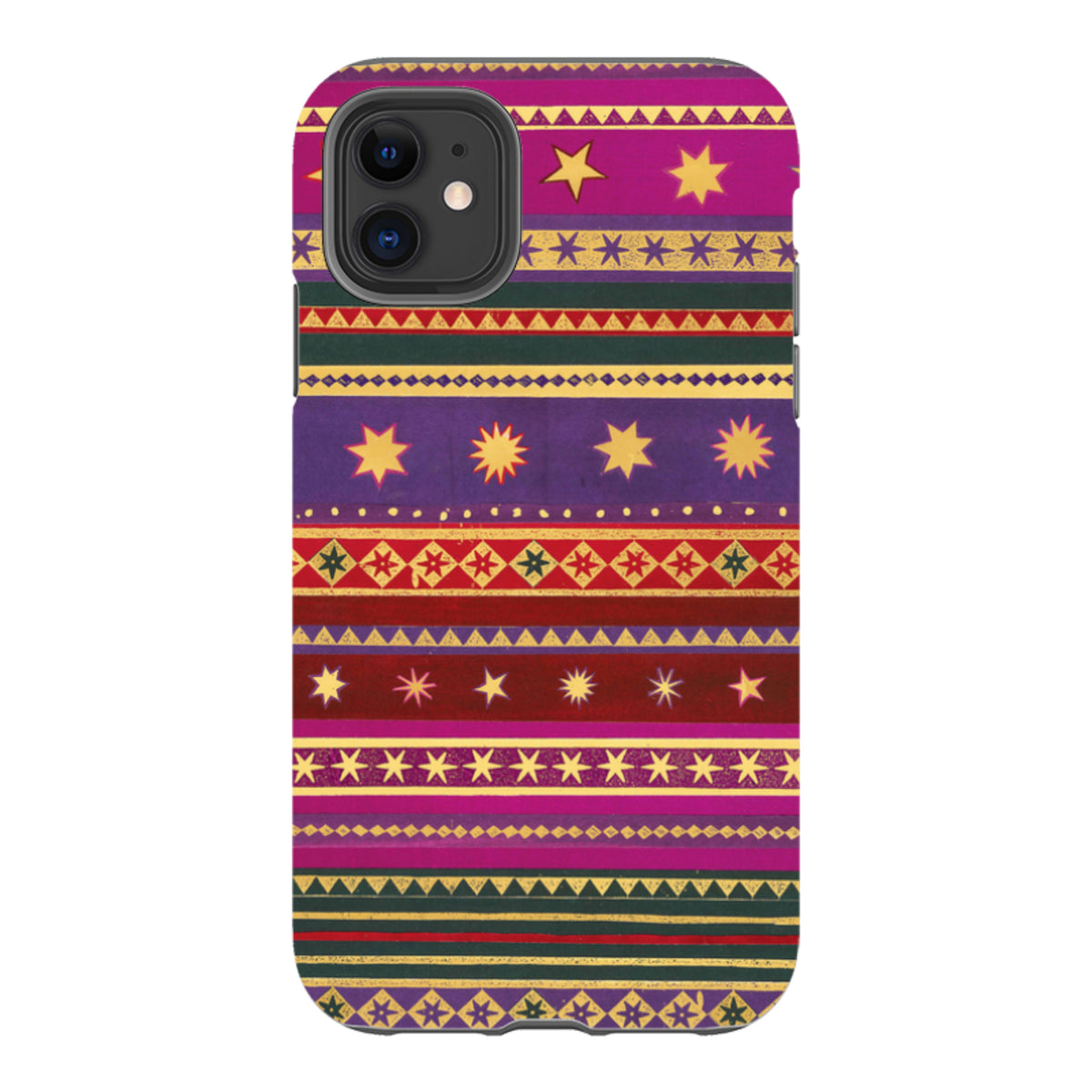 Dual-layer iPhone tough case featuring a colorful, patterned Starry by Jehane design with gold stars and geometric stripes.