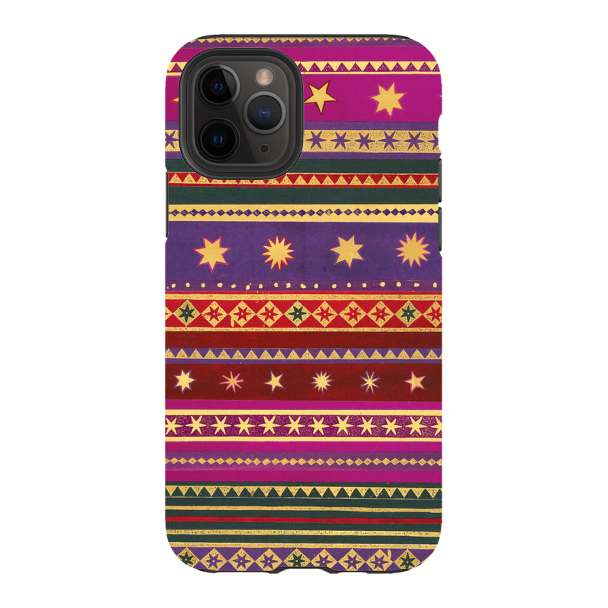 iPhone tough case with Starry by Jehane art featuring colorful horizontal stripes and gold star patterns on a dual-layer shell.