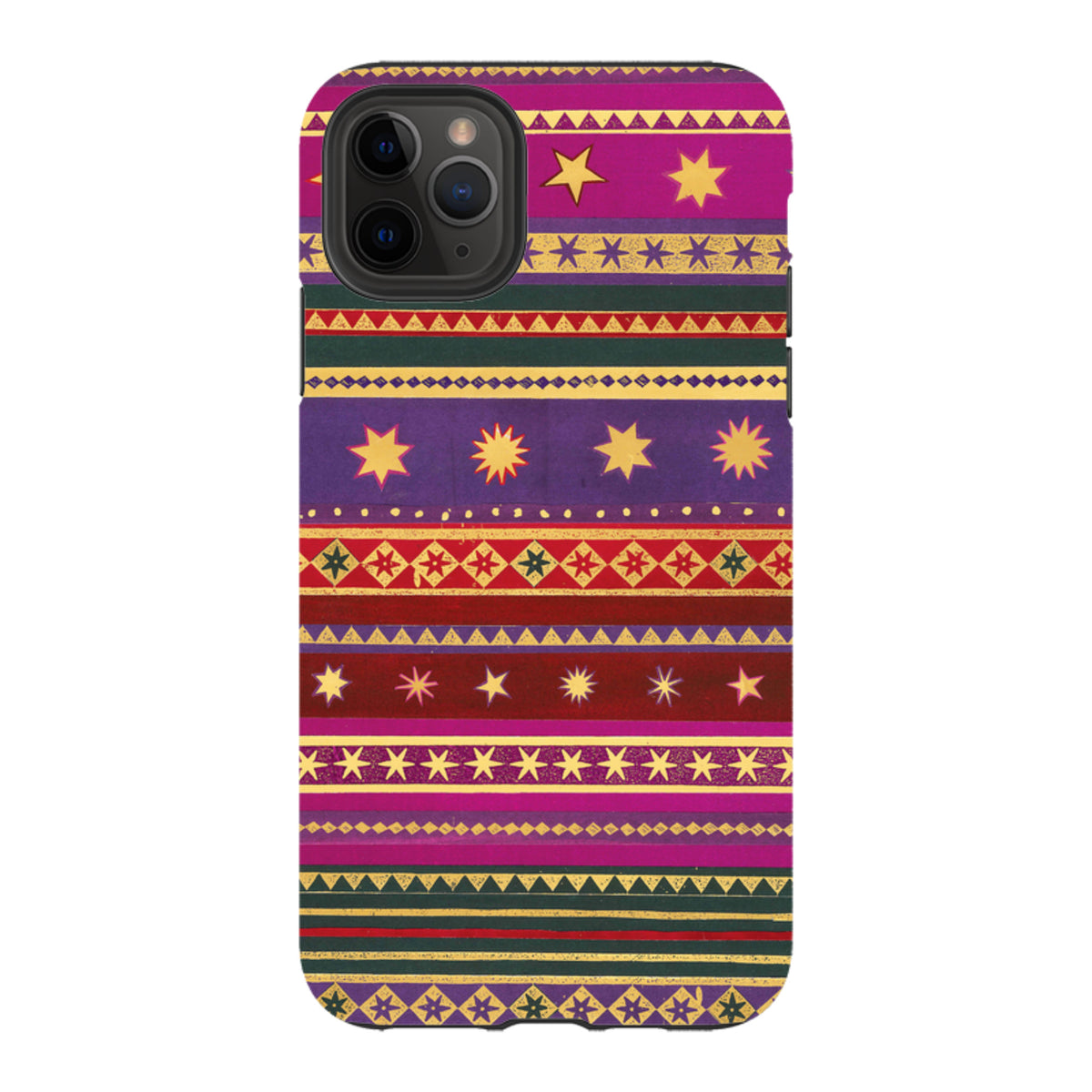 iPhone tough case featuring Starry by Jehane art with colorful horizontal stripes, geometric patterns, and gold stars.