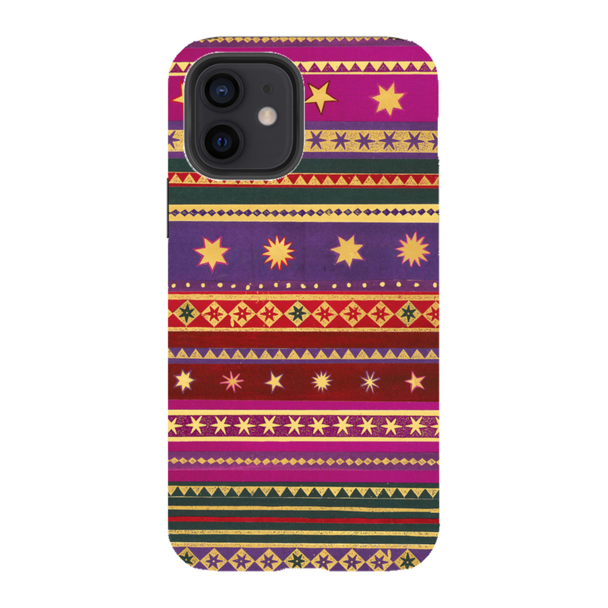 Dual-layer iPhone tough case featuring a vibrant, multi-colored striped pattern with gold star motifs and geometric accents.