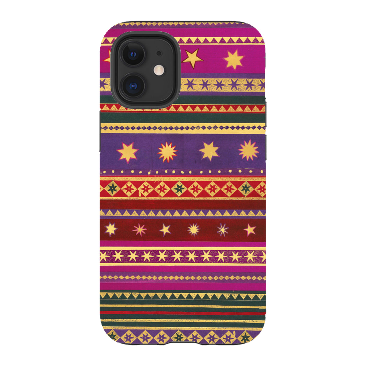 iPhone tough case featuring a vibrant, multi-colored striped pattern with yellow stars and geometric accents.