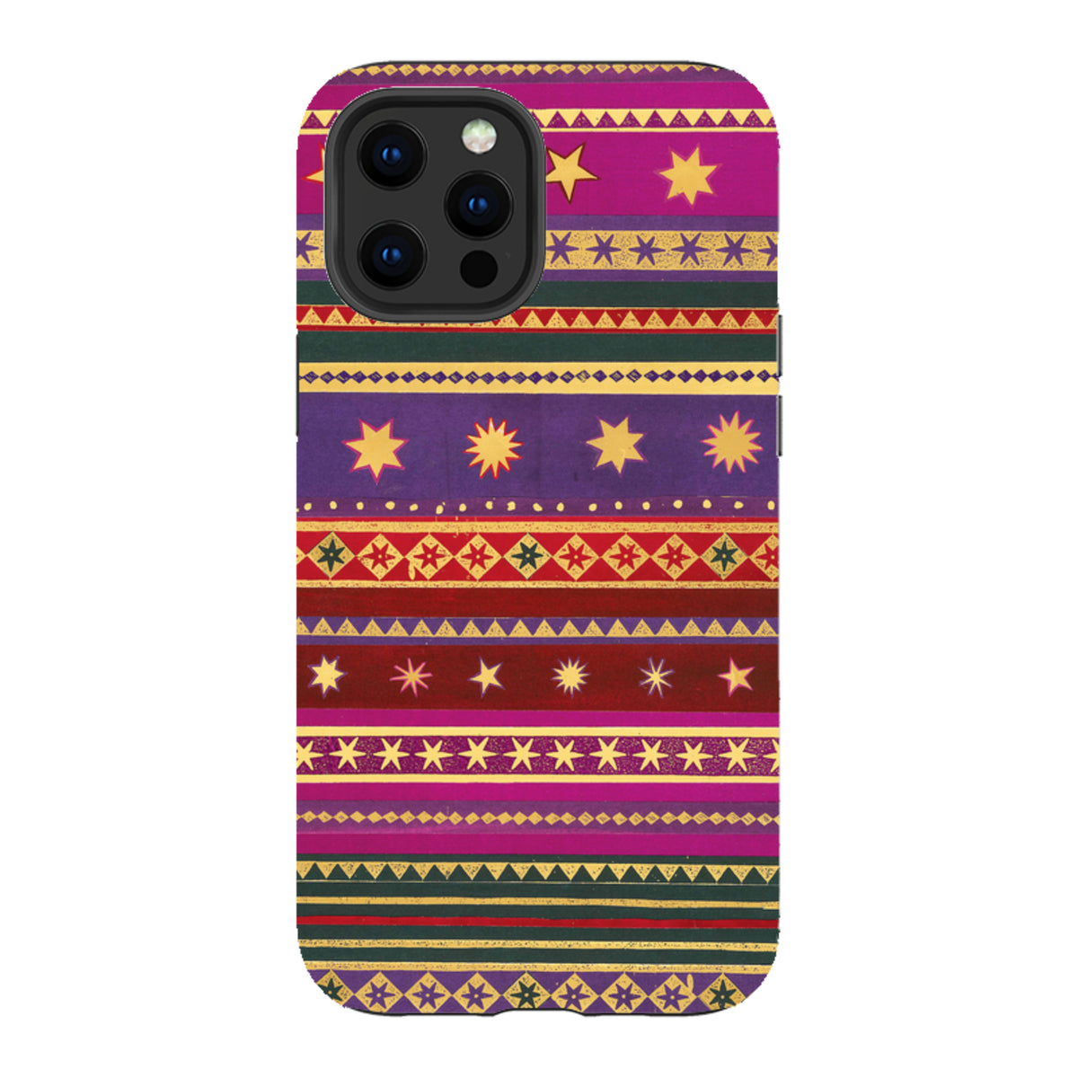iPhone tough case featuring a vibrant, multi-colored striped pattern with yellow star motifs and dual-layer protection.