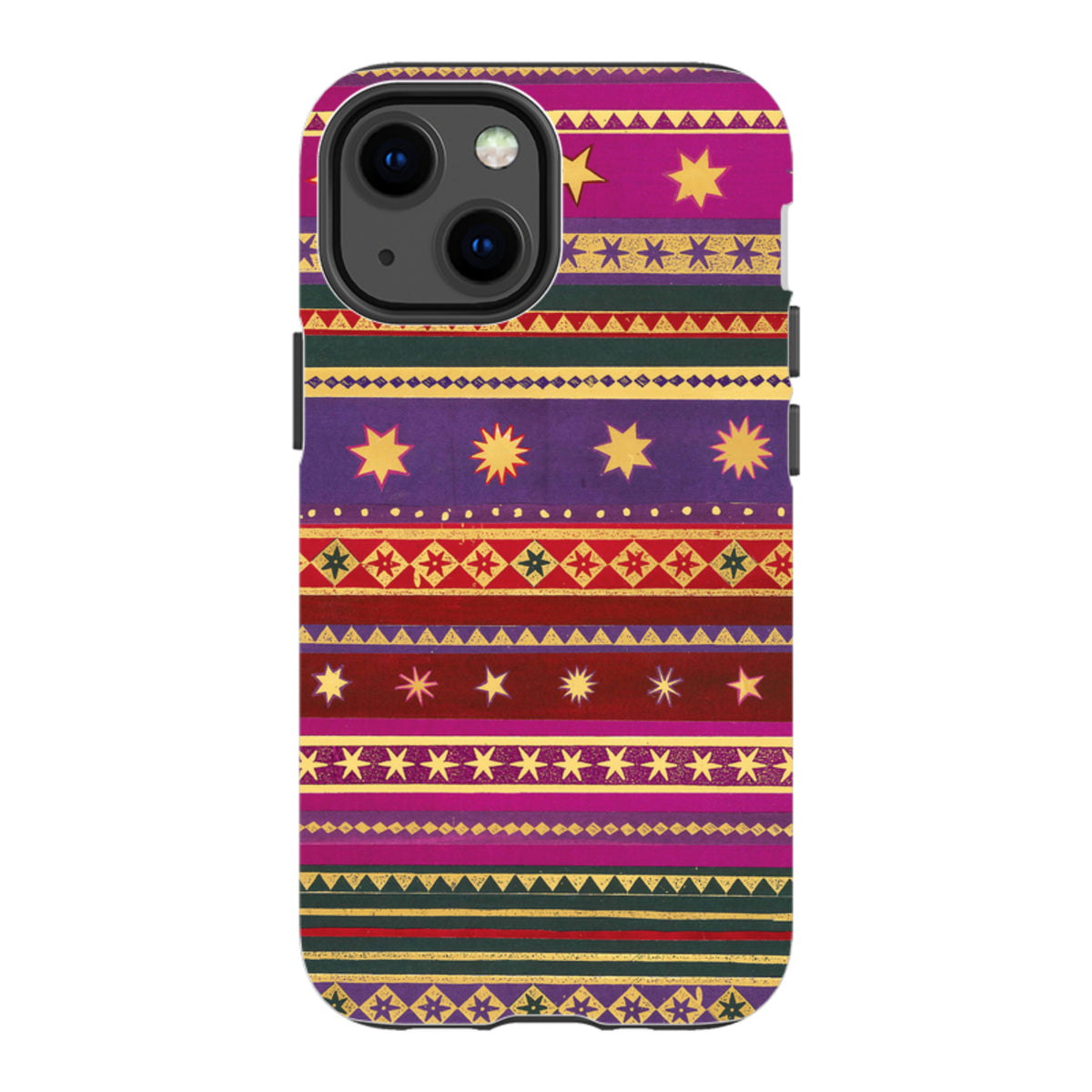 iPhone tough case featuring a vibrant, multi-colored striped pattern with yellow star motifs and dual-layer protection.