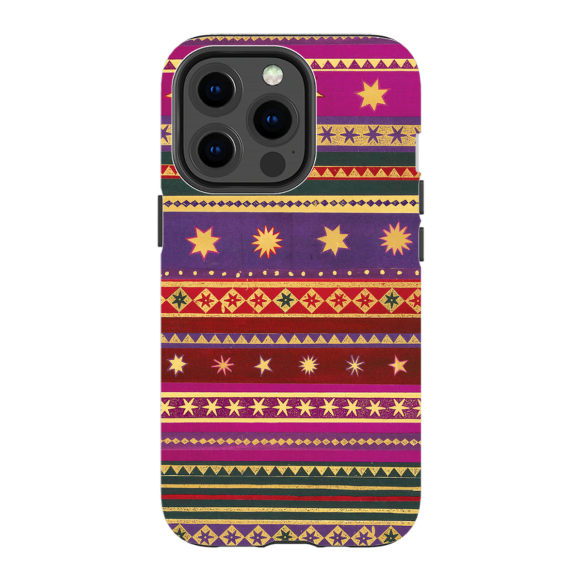 Dual-layer iPhone tough case featuring a colorful, patterned Starry by Jehane design with gold stars and geometric stripes.