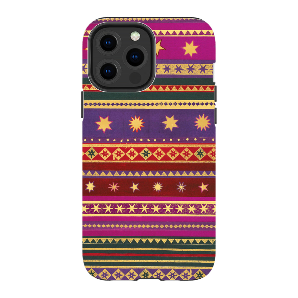 iPhone tough case featuring a vibrant, multi-colored striped pattern with gold star motifs and dual-layer protection.