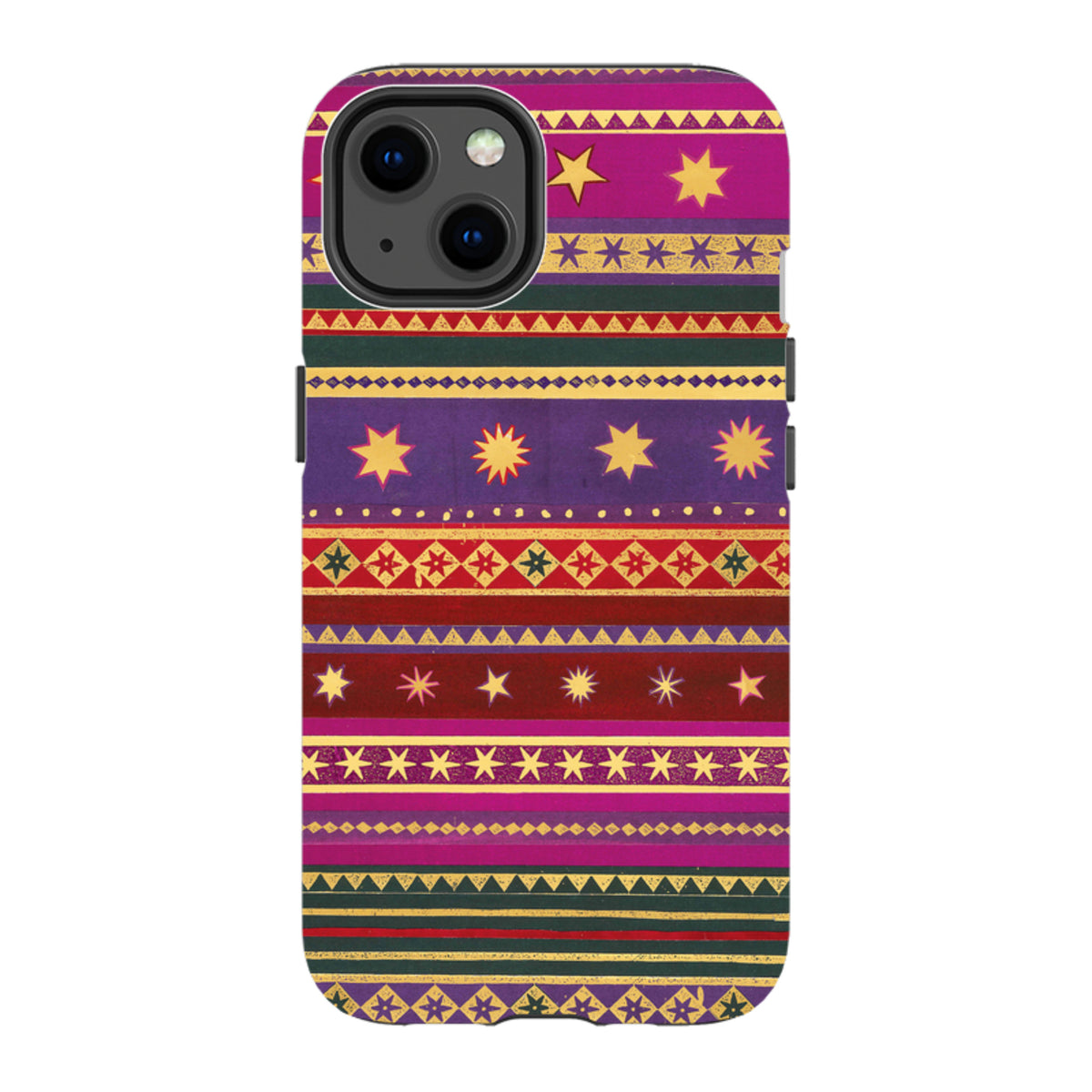 Dual-layer iPhone tough case featuring a vibrant, multi-colored striped pattern with yellow stars and geometric motifs.
