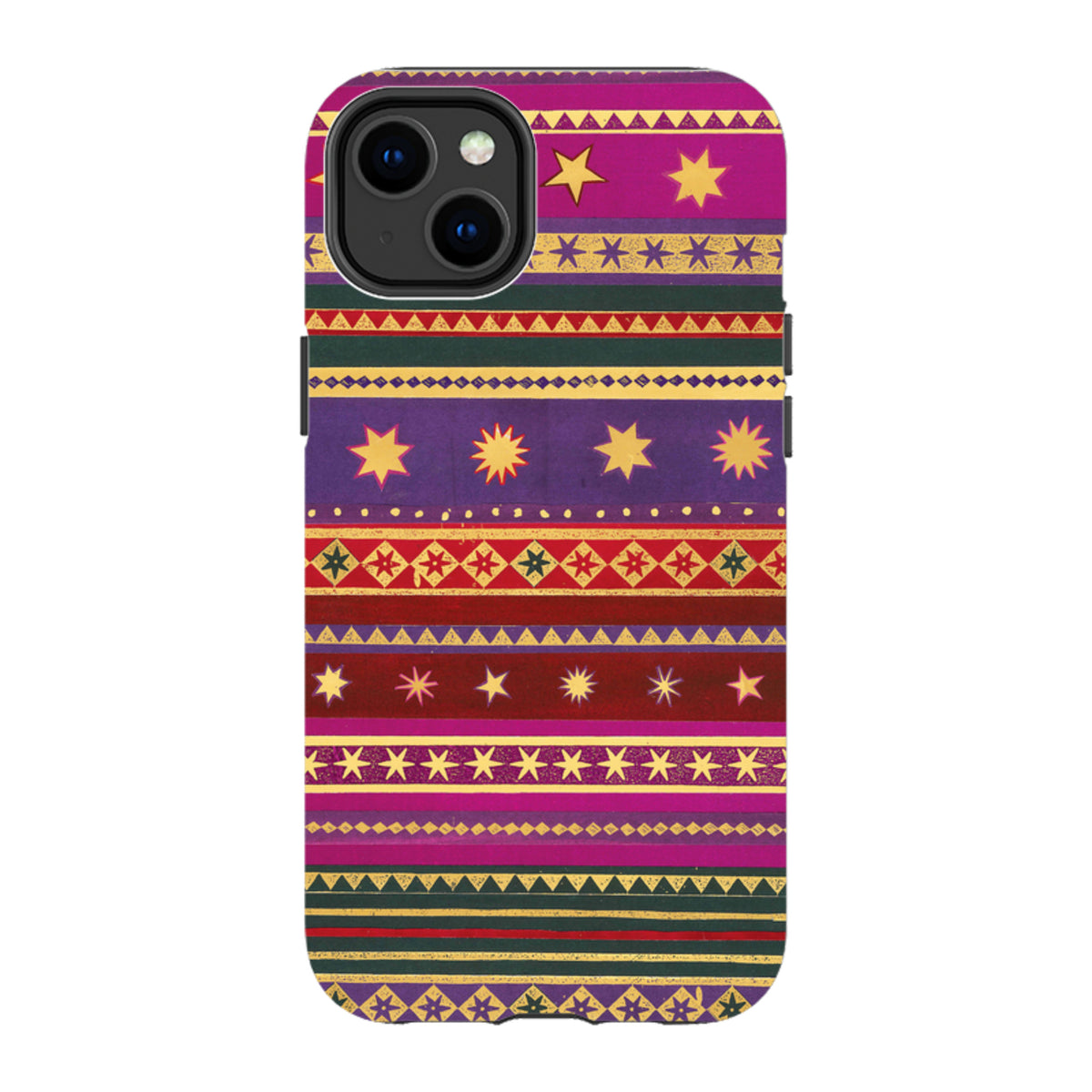 Dual-layer iPhone tough case featuring a colorful, patterned Starry by Jehane design with gold stars and geometric stripes.