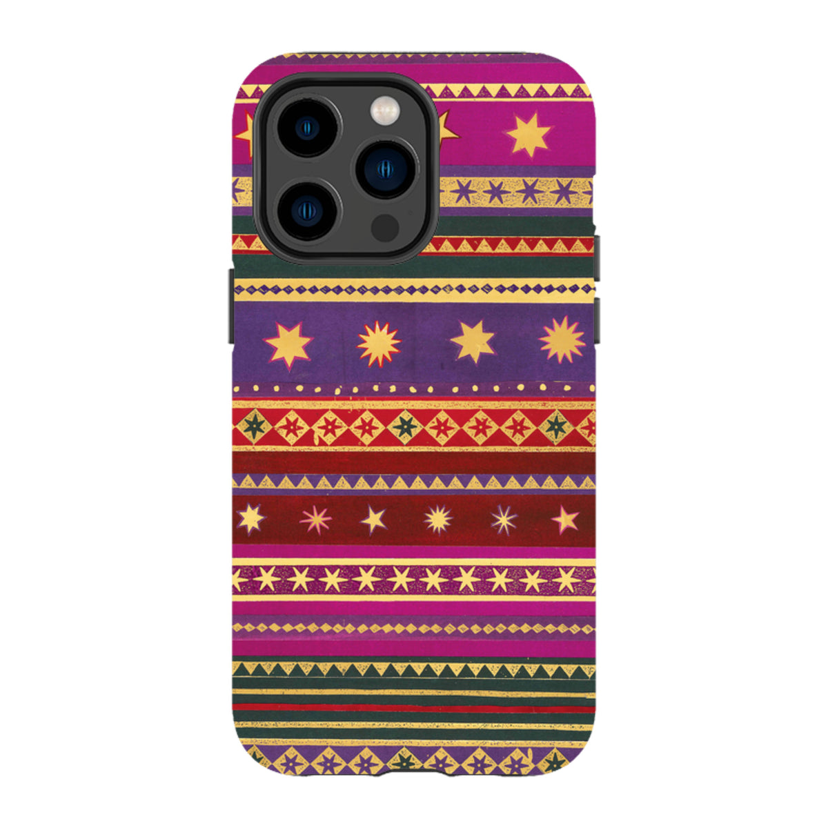 iPhone tough case featuring a vibrant, multi-colored striped pattern with gold star motifs and dual-layer protective design.