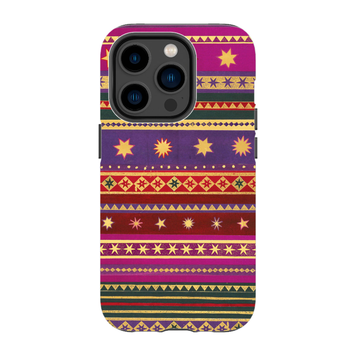Dual-layer iPhone tough case featuring a vibrant, multi-colored geometric pattern with yellow stars on a purple and red background.
