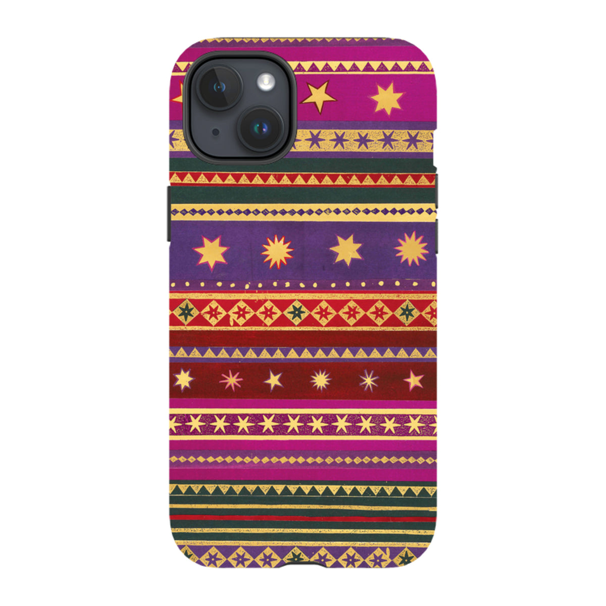 iPhone tough case featuring Starry by Jehane art with colorful horizontal stripes, geometric patterns, and gold stars.