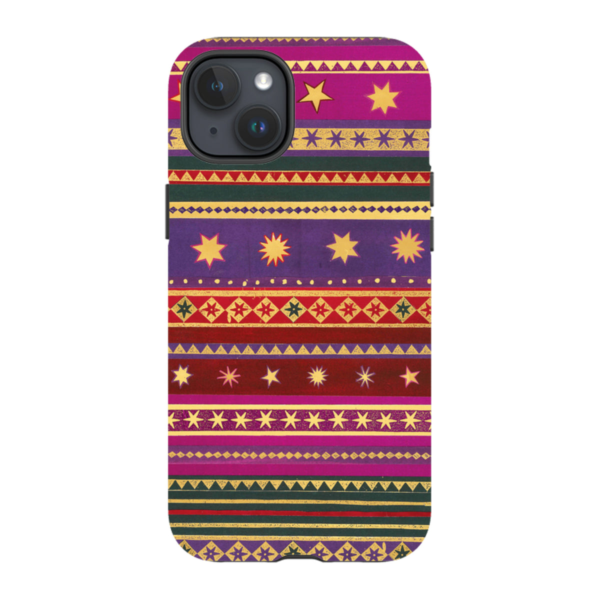 iPhone tough case featuring a colorful, patterned design with yellow stars and geometric stripes on a dual-layer shell.