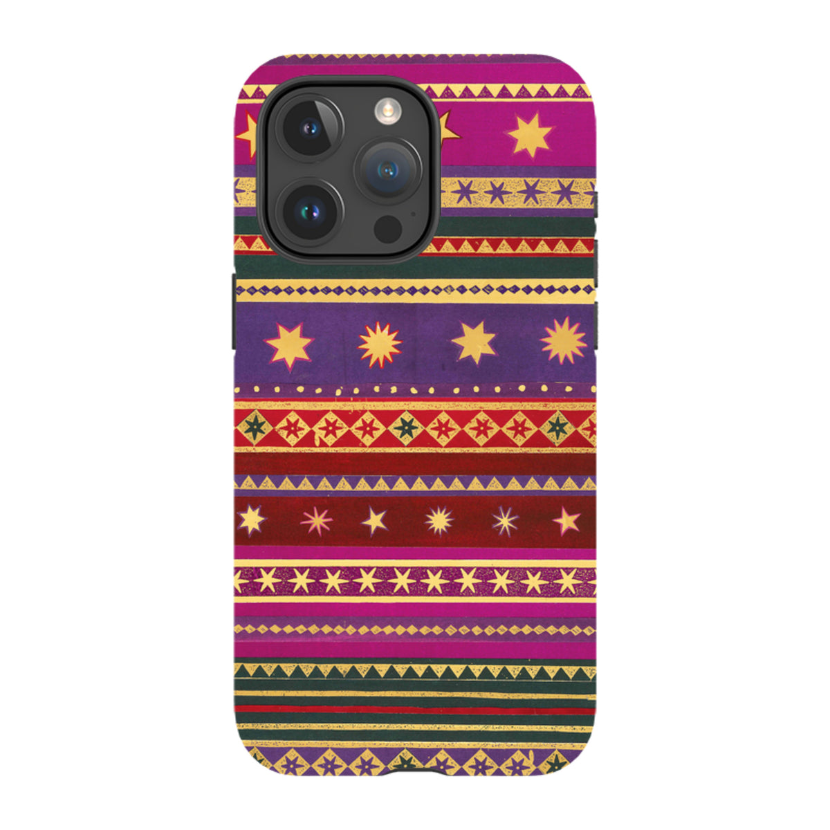 iPhone tough case featuring a vibrant, multi-colored geometric star pattern with dual-layer protection.