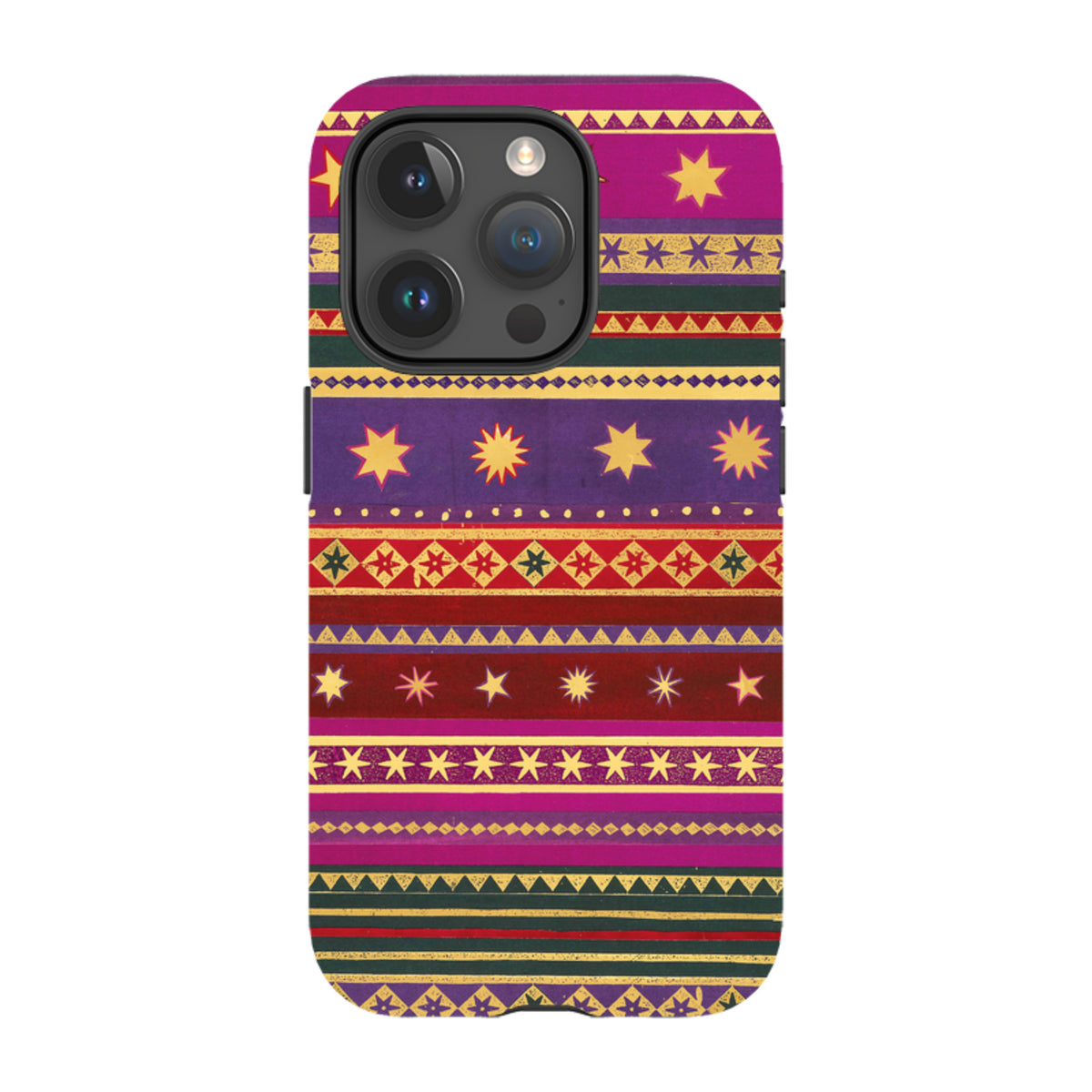 iPhone tough case featuring a colorful, patterned design of yellow stars and geometric stripes on a purple and red background.